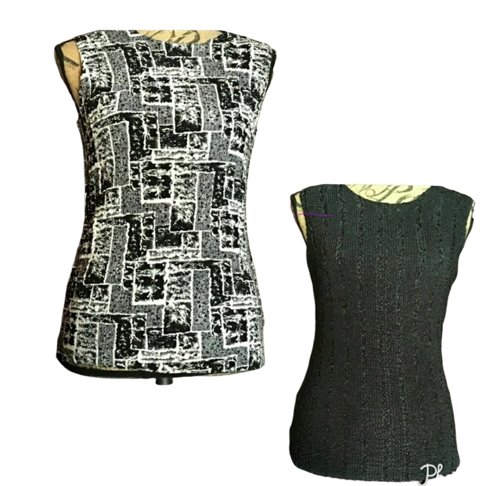 REVERSIBLE BLACK/WHITE PATCHWORK ALL WAY STRETCH BLACK SLEEVELESS CRINKL…